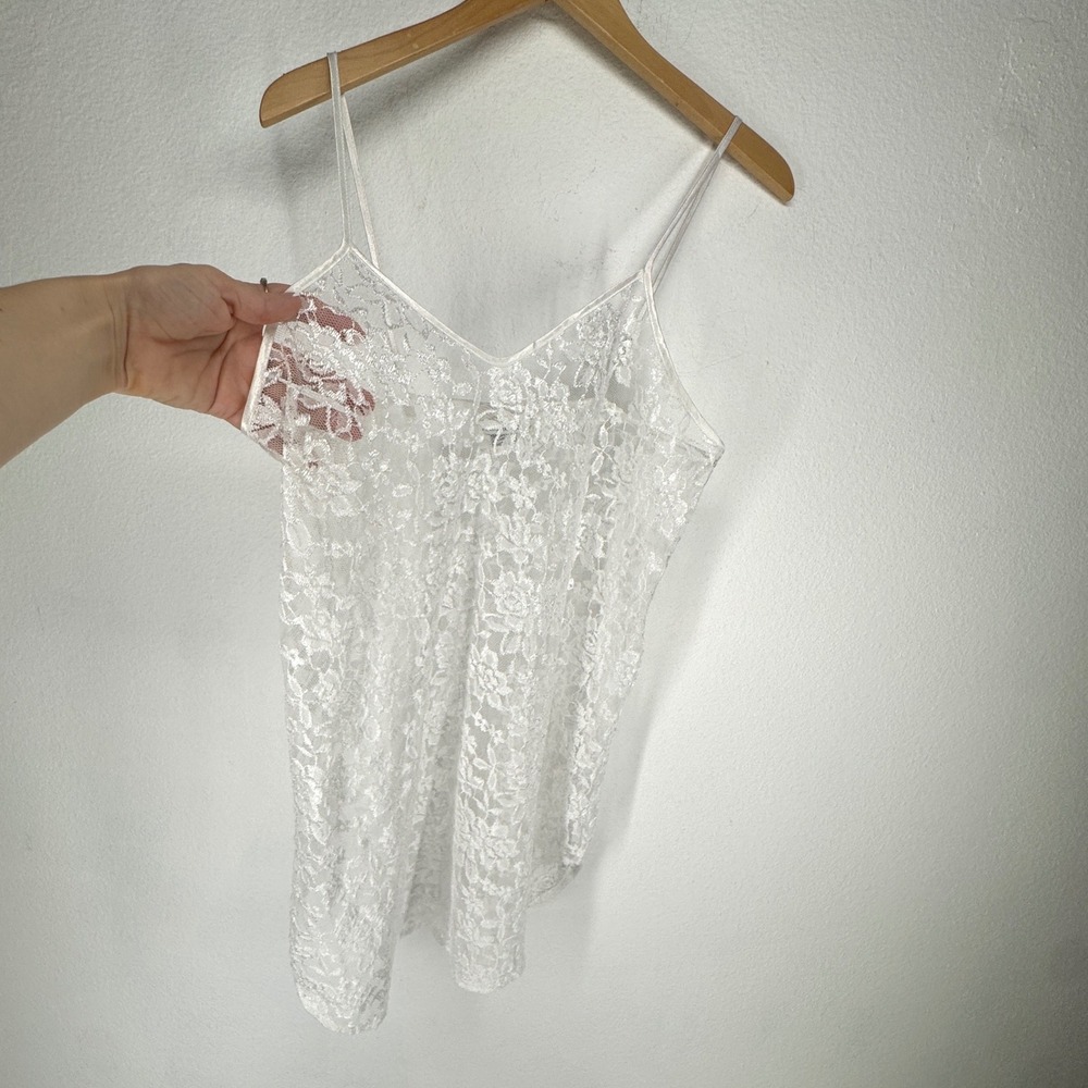 Vintage White Floral‎ Sheer Lace Camisole Slip Mini Dress Spaghetti Strap Medium